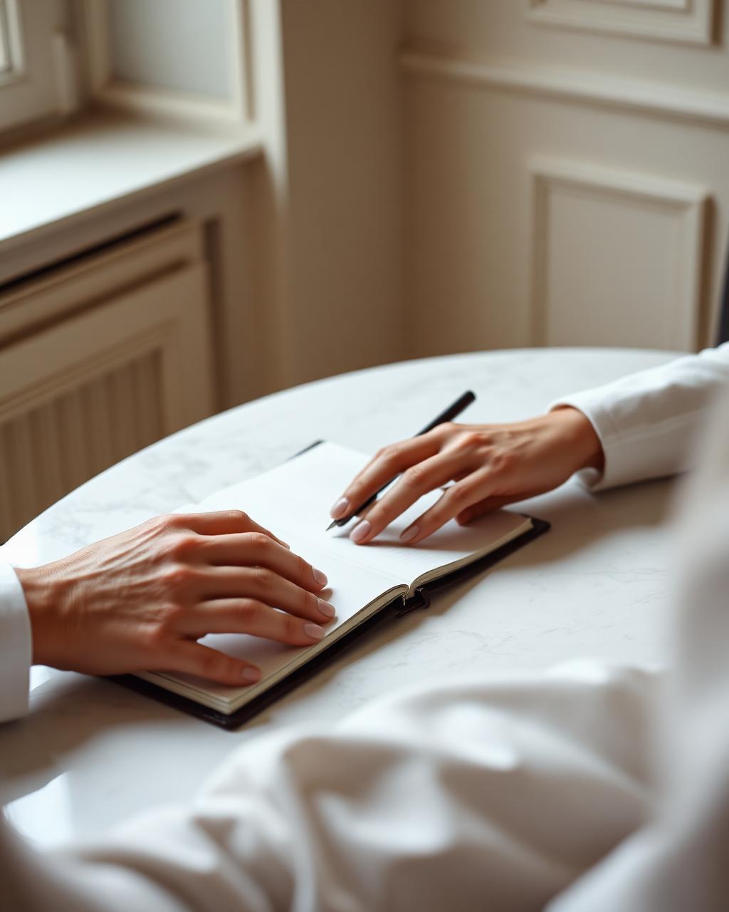 Hands beside an open notebook on marble